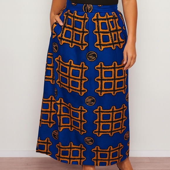 D’IYANU Blue Orange African Print Maxi Skirt Women XL Pockets Cotton USA Made - Picture 1 of 5